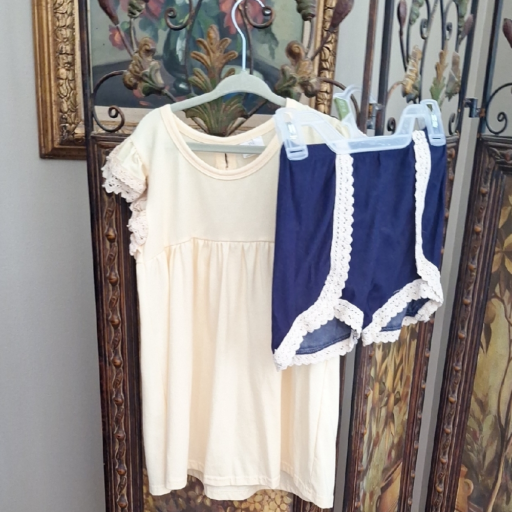 Cream Lace-Trim Sleep Top and Navy Lace-Trim Shorts Set